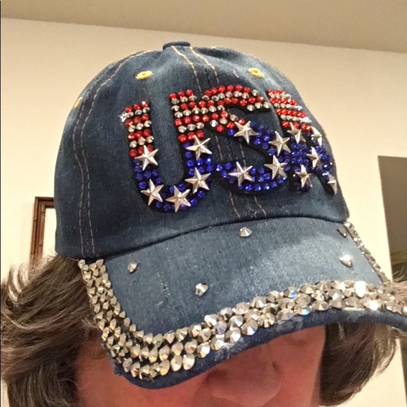 Rhinestone USA Flag Denim Baseball Hat - Picture 8 of 10